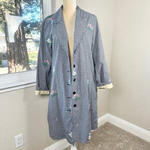 Sundance Gingham Embroidered Floral Duster Coat Women's L Cottage Festival Retro
